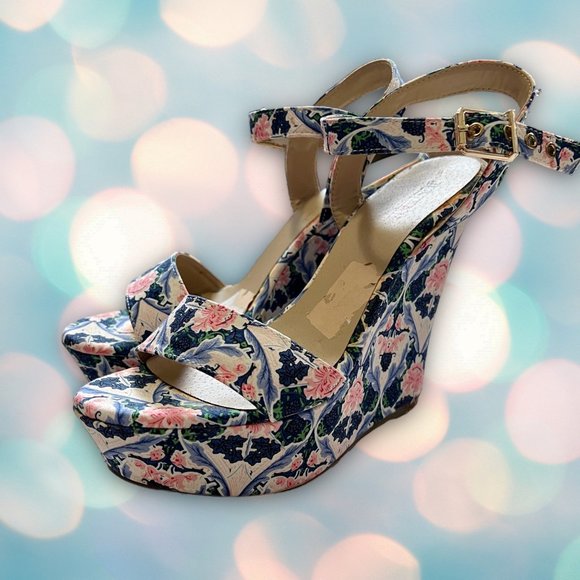 Just Fab Women’s Blue Pink Platform High Heel Floral Wedges Shoes Size 7.5 - Picture 2 of 7